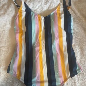 Kona Sol Scoop-Neck Striped One-Piece Swimsuit in Navy, Yellow & Pink
